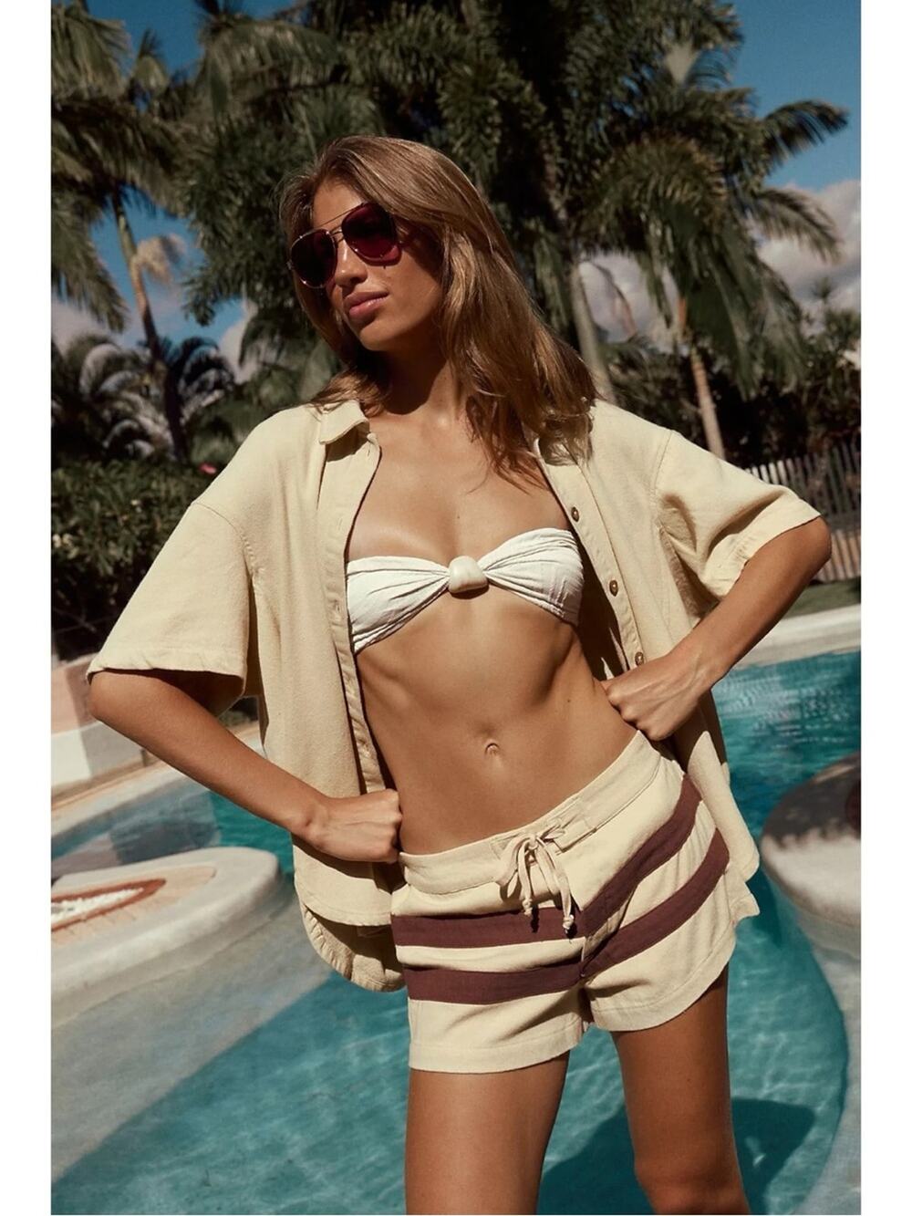Free People Retro 70s Playa Cool Shirt Shorts Set Tan Neutral Large NWT Summer